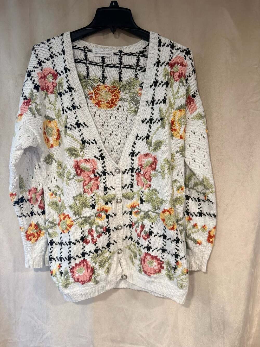 Jennifer Reed Floral Cardigan Size L White Knit Grannycore Sweater